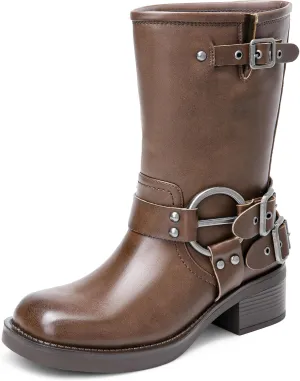 DREAM PAIRS Mid Calf Boots for Women, Square Toe Motorcycle Boots with Buckles, Women's Riding Biker Boots with Low Chunky Heel