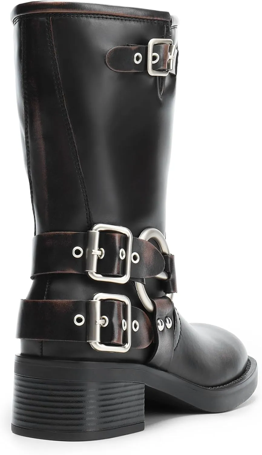 DREAM PAIRS Mid Calf Boots for Women, Square Toe Motorcycle Boots with Buckles, Women's Riding Biker Boots with Low Chunky Heel