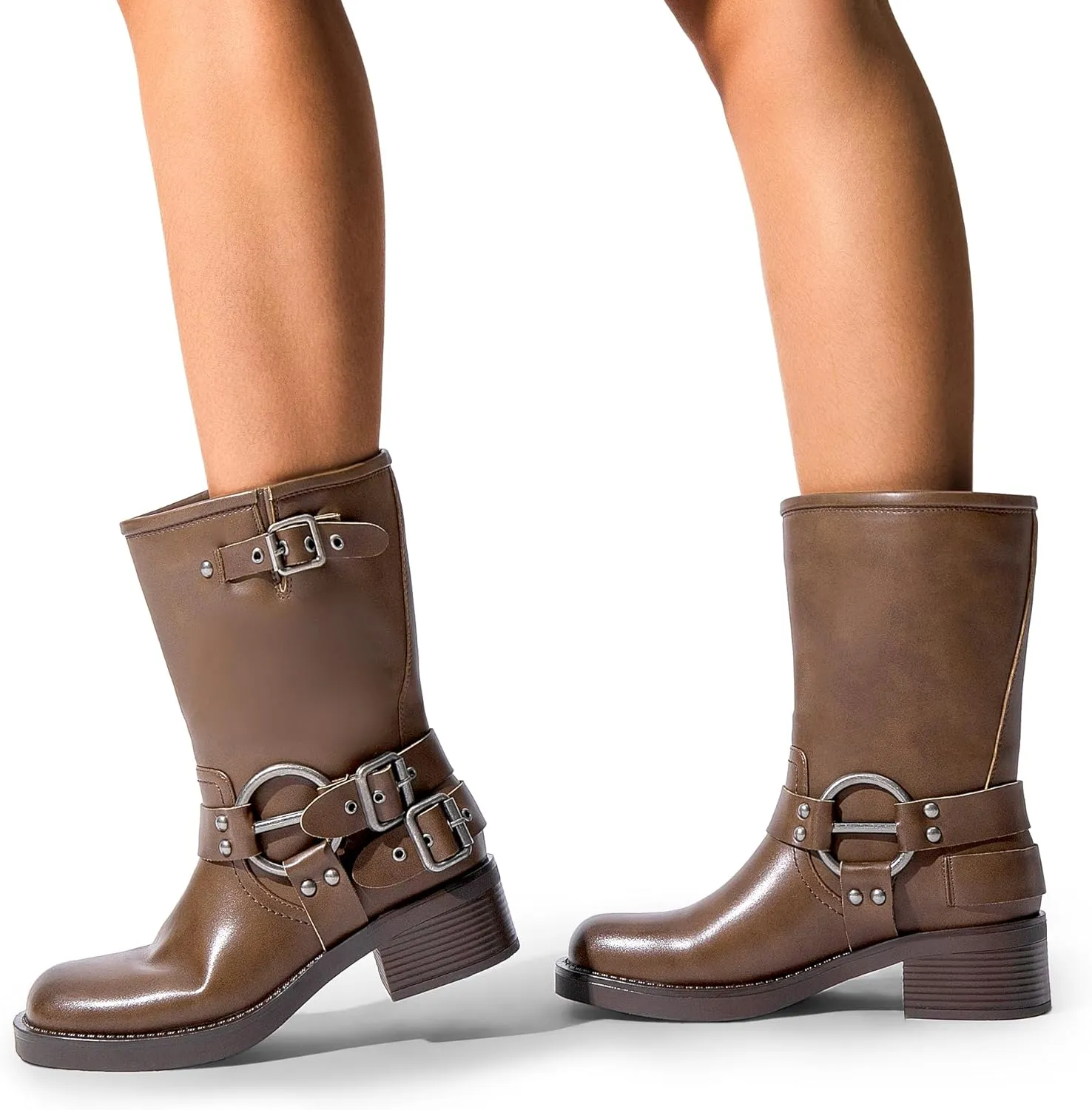 DREAM PAIRS Mid Calf Boots for Women, Square Toe Motorcycle Boots with Buckles, Women's Riding Biker Boots with Low Chunky Heel