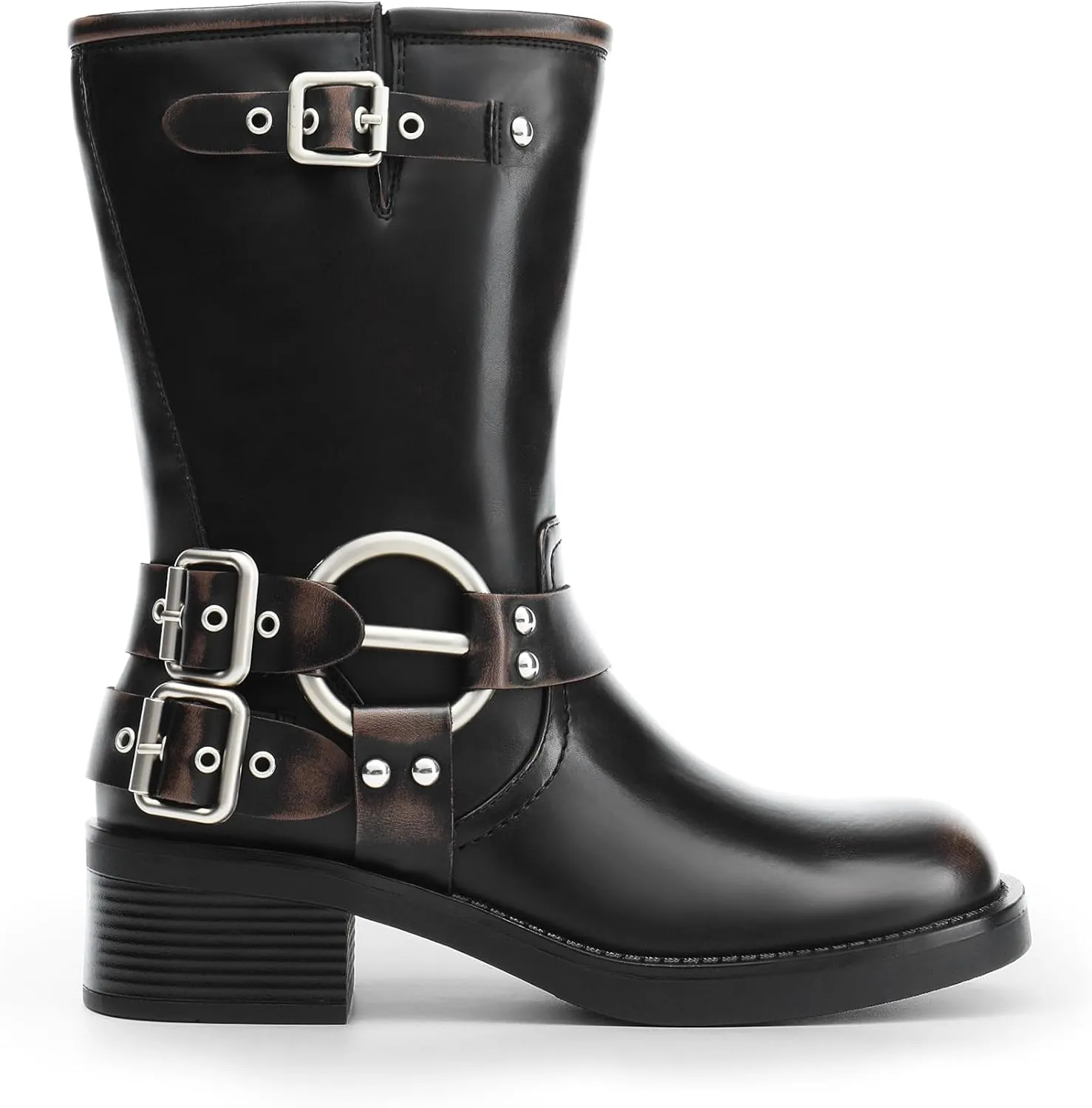 DREAM PAIRS Mid Calf Boots for Women, Square Toe Motorcycle Boots with Buckles, Women's Riding Biker Boots with Low Chunky Heel