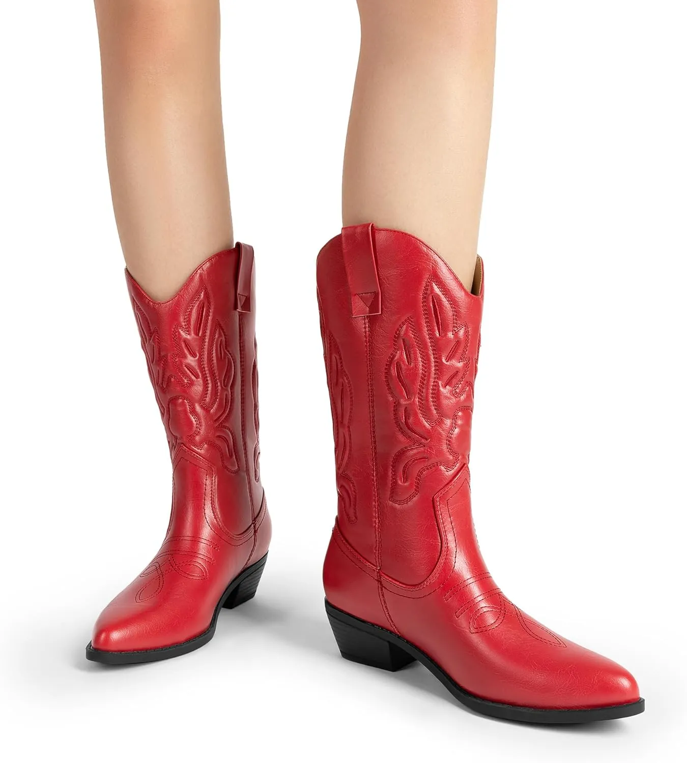 DREAM PAIRS Women's Cowboy Boots Mid Calf Cowgirl Boots Embroidery Stitched Western Boots