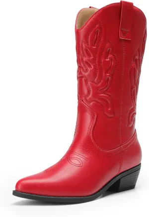 DREAM PAIRS Women's Cowboy Boots Mid Calf Cowgirl Boots Embroidery Stitched Western Boots