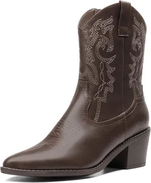 DREAM PAIRS Women's Cowboy Boots, Pointed Toe Chunky Heel Cowgirl Boots, Zipper Pull-On Stitched Western Boots Ankle Boots for Ladies