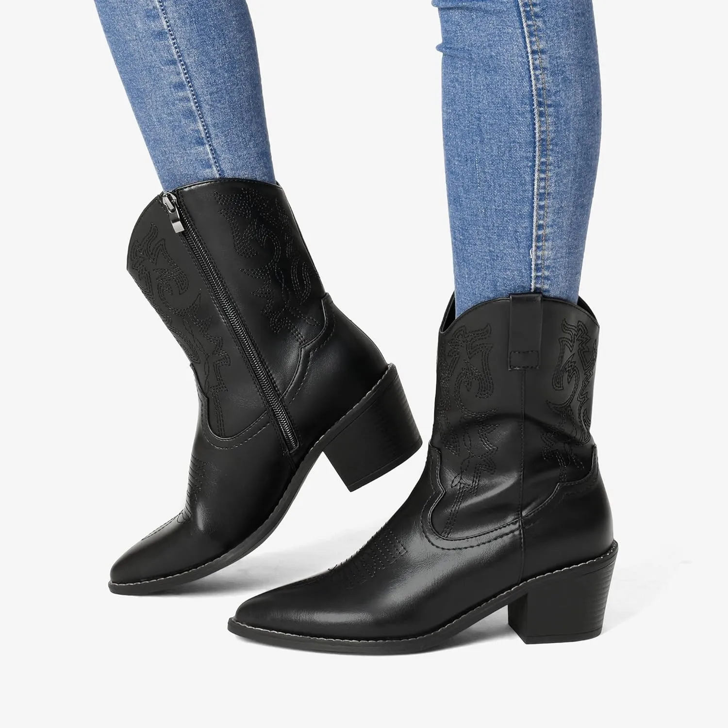 DREAM PAIRS Women's Cowboy Boots, Pointed Toe Chunky Heel Cowgirl Boots, Zipper Pull-On Stitched Western Boots Ankle Boots for Ladies