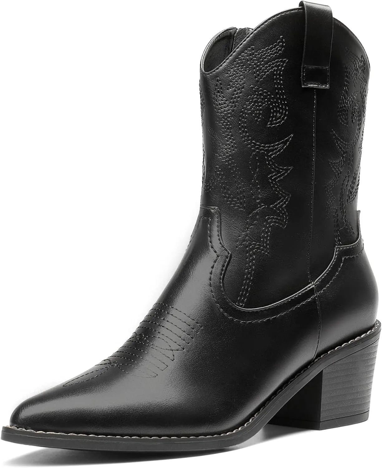 DREAM PAIRS Women's Cowboy Boots, Pointed Toe Chunky Heel Cowgirl Boots, Zipper Pull-On Stitched Western Boots Ankle Boots for Ladies