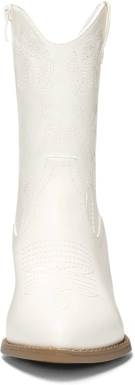DREAM PAIRS Women's Cowboy Boots, Pointed Toe Chunky Heel Cowgirl Boots, Zipper Pull-On Stitched Western Boots Ankle Boots for Ladies