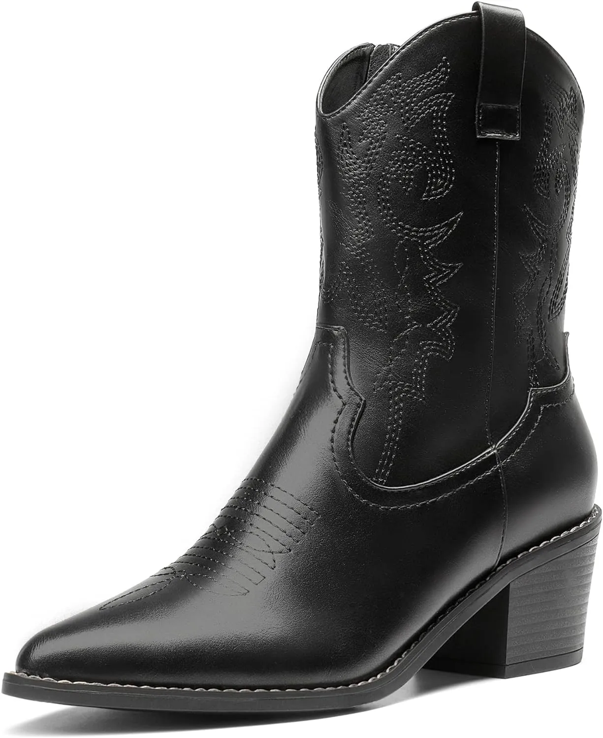 DREAM PAIRS Women's Cowboy Boots, Pointed Toe Chunky Heel Cowgirl Boots, Zipper Pull-On Stitched Western Boots Ankle Boots for Ladies