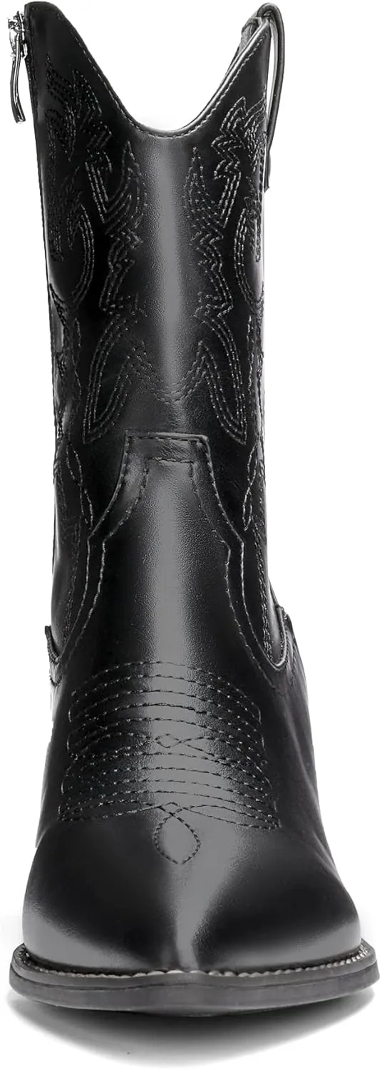 DREAM PAIRS Women's Cowboy Boots, Pointed Toe Chunky Heel Cowgirl Boots, Zipper Pull-On Stitched Western Boots Ankle Boots for Ladies