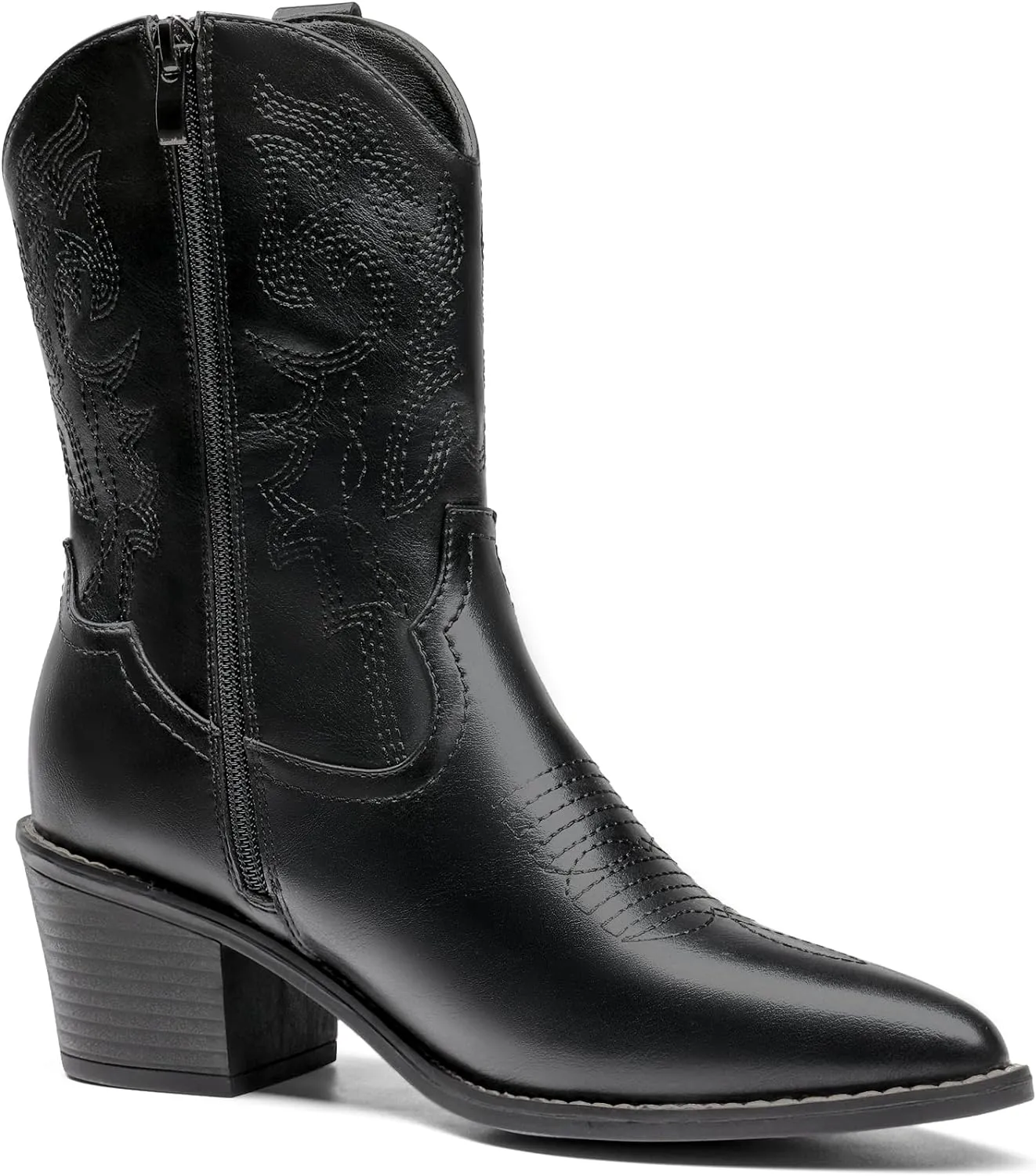 DREAM PAIRS Women's Cowboy Boots, Pointed Toe Chunky Heel Cowgirl Boots, Zipper Pull-On Stitched Western Boots Ankle Boots for Ladies
