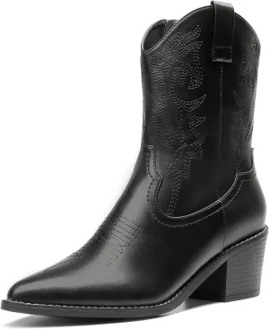 DREAM PAIRS Women's Cowboy Boots, Pointed Toe Chunky Heel Cowgirl Boots, Zipper Pull-On Stitched Western Boots Ankle Boots for Ladies