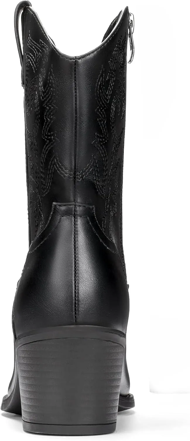 DREAM PAIRS Women's Cowboy Boots, Pointed Toe Chunky Heel Cowgirl Boots, Zipper Pull-On Stitched Western Boots Ankle Boots for Ladies