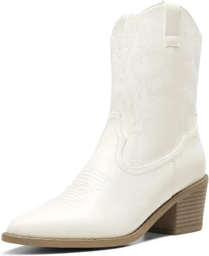 DREAM PAIRS Women's Cowboy Boots, Pointed Toe Chunky Heel Cowgirl Boots, Zipper Pull-On Stitched Western Boots Ankle Boots for Ladies