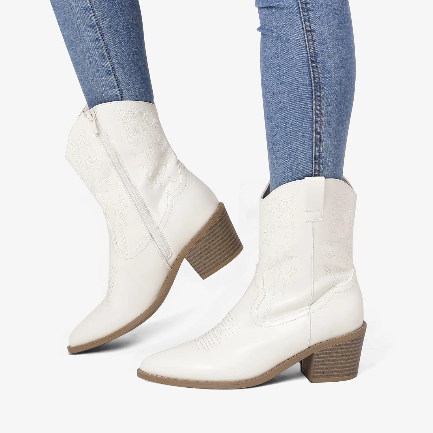 DREAM PAIRS Women's Cowboy Boots, Pointed Toe Chunky Heel Cowgirl Boots, Zipper Pull-On Stitched Western Boots Ankle Boots for Ladies