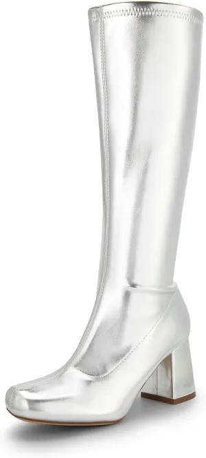 DREAM PAIRS Women's Gogo Boots, Square Toe Chunky Knee High Boots For Women
