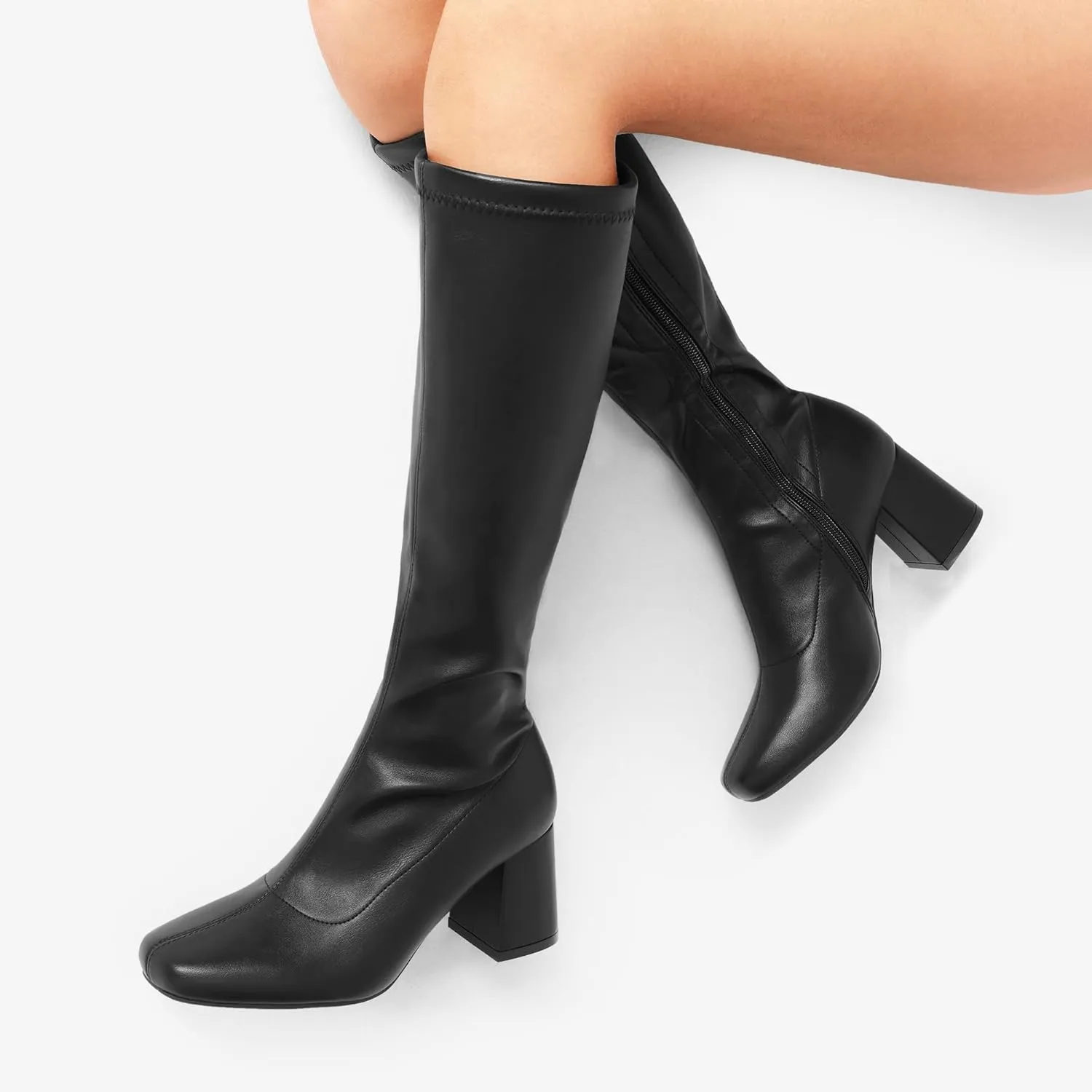 DREAM PAIRS Women's Gogo Boots, Square Toe Chunky Knee High Boots For Women