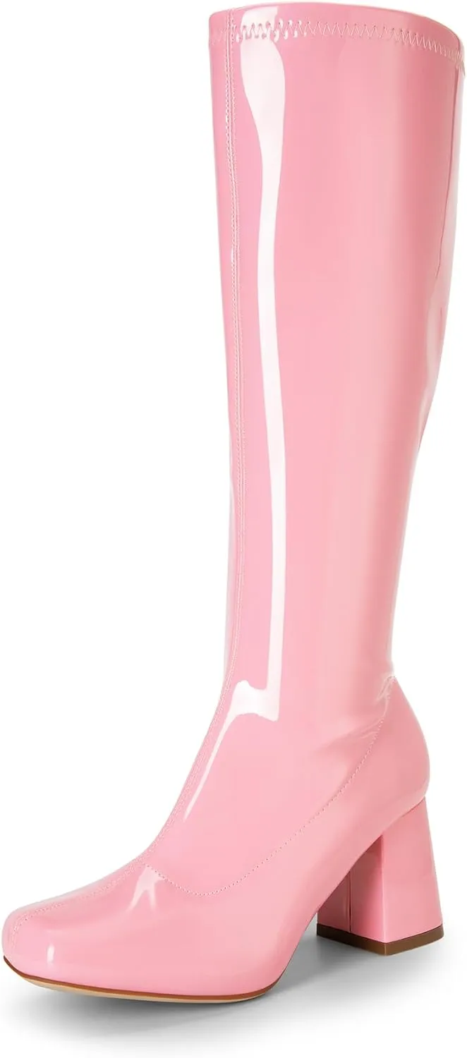 DREAM PAIRS Women's Gogo Boots, Square Toe Chunky Knee High Boots For Women