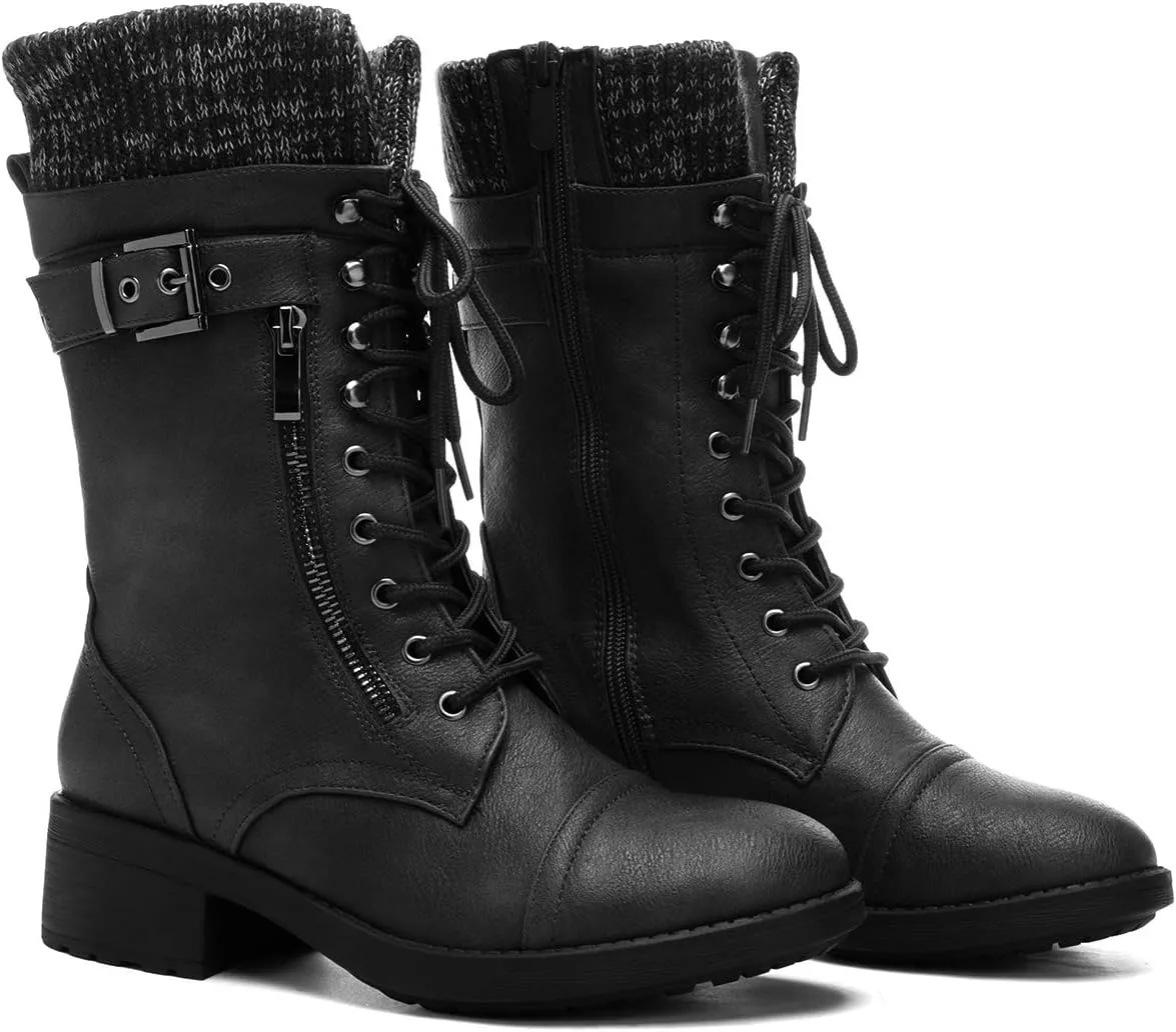 DREAM PAIRS Women's Winter Lace up Mid Calf Combat Riding Military Boots