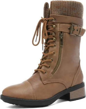 DREAM PAIRS Women's Winter Lace up Mid Calf Combat Riding Military Boots