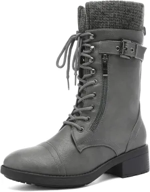 DREAM PAIRS Women's Winter Lace up Mid Calf Combat Riding Military Boots