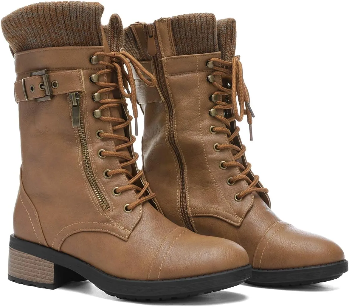 DREAM PAIRS Women's Winter Lace up Mid Calf Combat Riding Military Boots