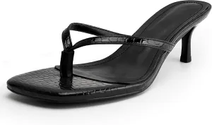 DREAMCIA Square Toe Thong Heeled Sandals Stiletto Slip On Kitten Slingback Flip Flop Heels Slides Summer