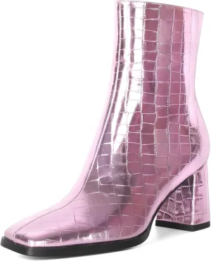 Eldof Ankle Boots Women Chunky Heel Square Toe High Heeled Gogo Short Booties Side Zipper 3 Inches