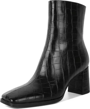 Eldof Ankle Boots Women Chunky Heel Square Toe High Heeled Gogo Short Booties Side Zipper 3 Inches