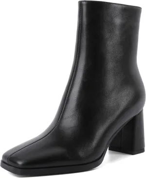 Eldof Ankle Boots Women Chunky Heel Square Toe High Heeled Gogo Short Booties Side Zipper 3 Inches
