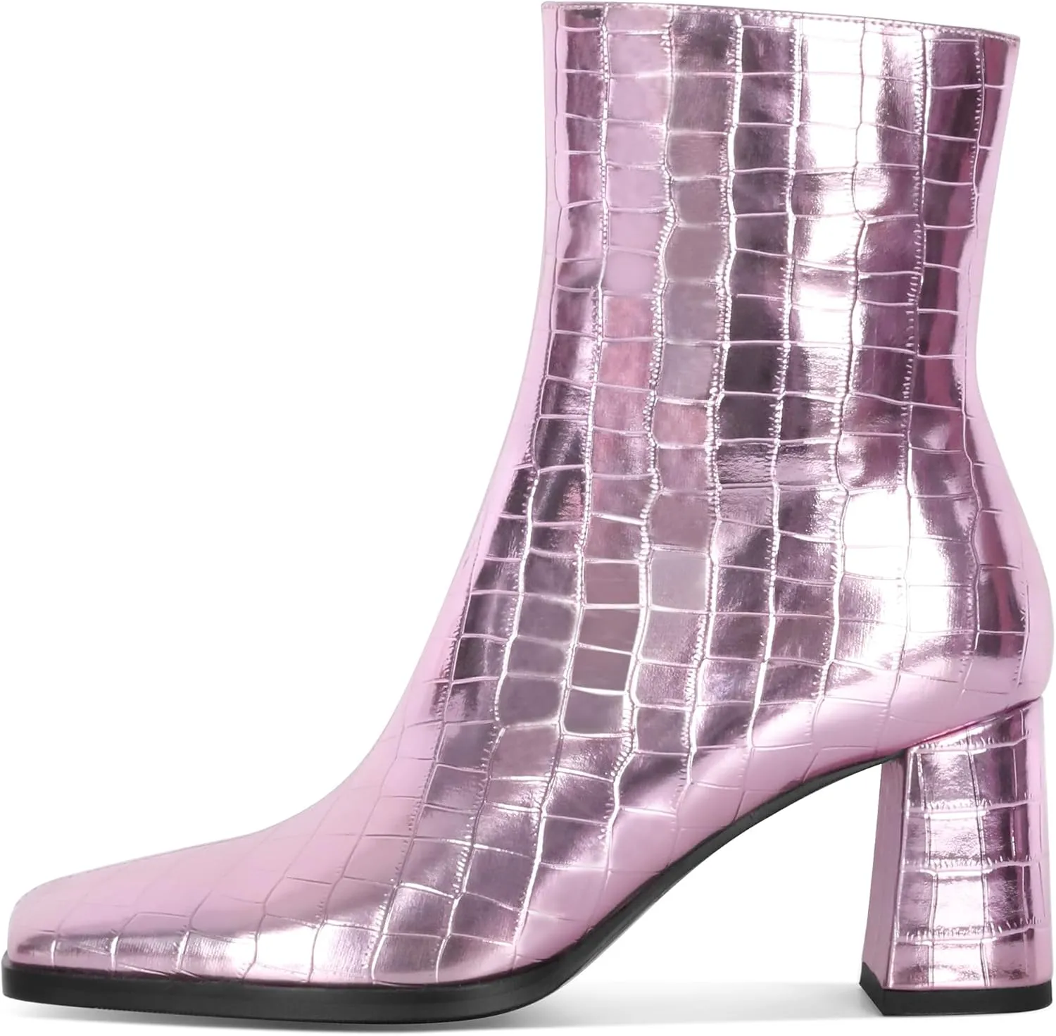 Eldof Ankle Boots Women Chunky Heel Square Toe High Heeled Gogo Short Booties Side Zipper 3 Inches