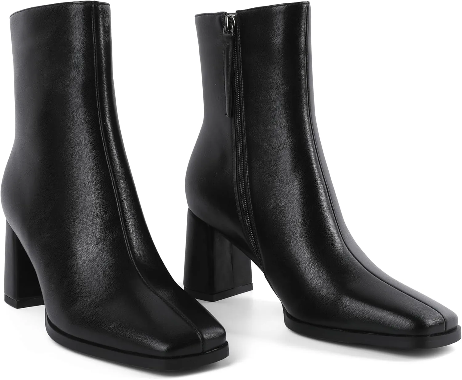 Eldof Ankle Boots Women Chunky Heel Square Toe High Heeled Gogo Short Booties Side Zipper 3 Inches
