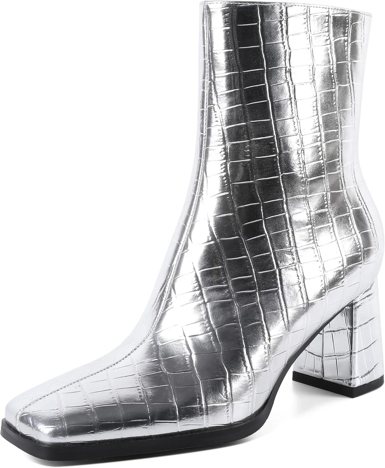 Eldof Ankle Boots Women Chunky Heel Square Toe High Heeled Gogo Short Booties Side Zipper 3 Inches