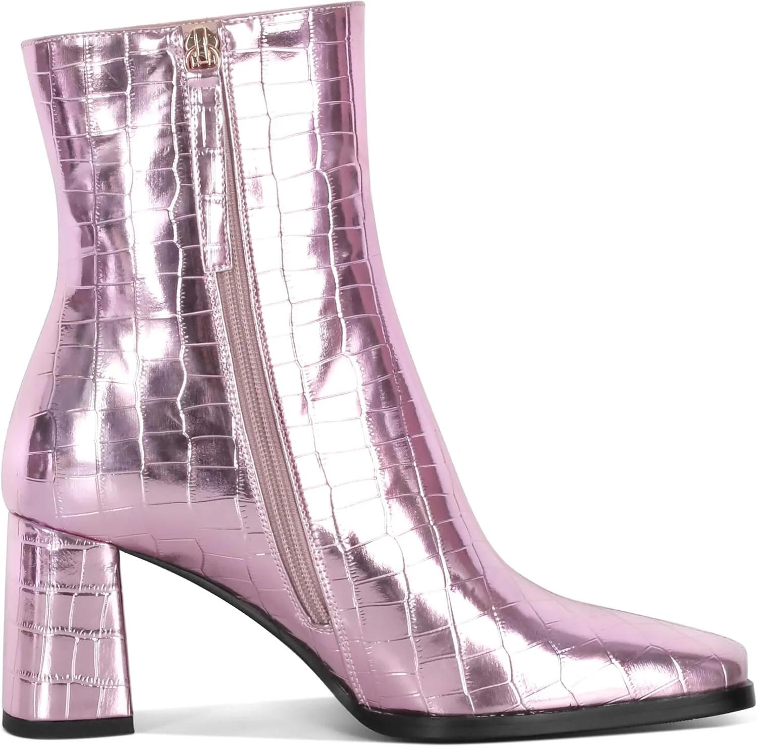 Eldof Ankle Boots Women Chunky Heel Square Toe High Heeled Gogo Short Booties Side Zipper 3 Inches