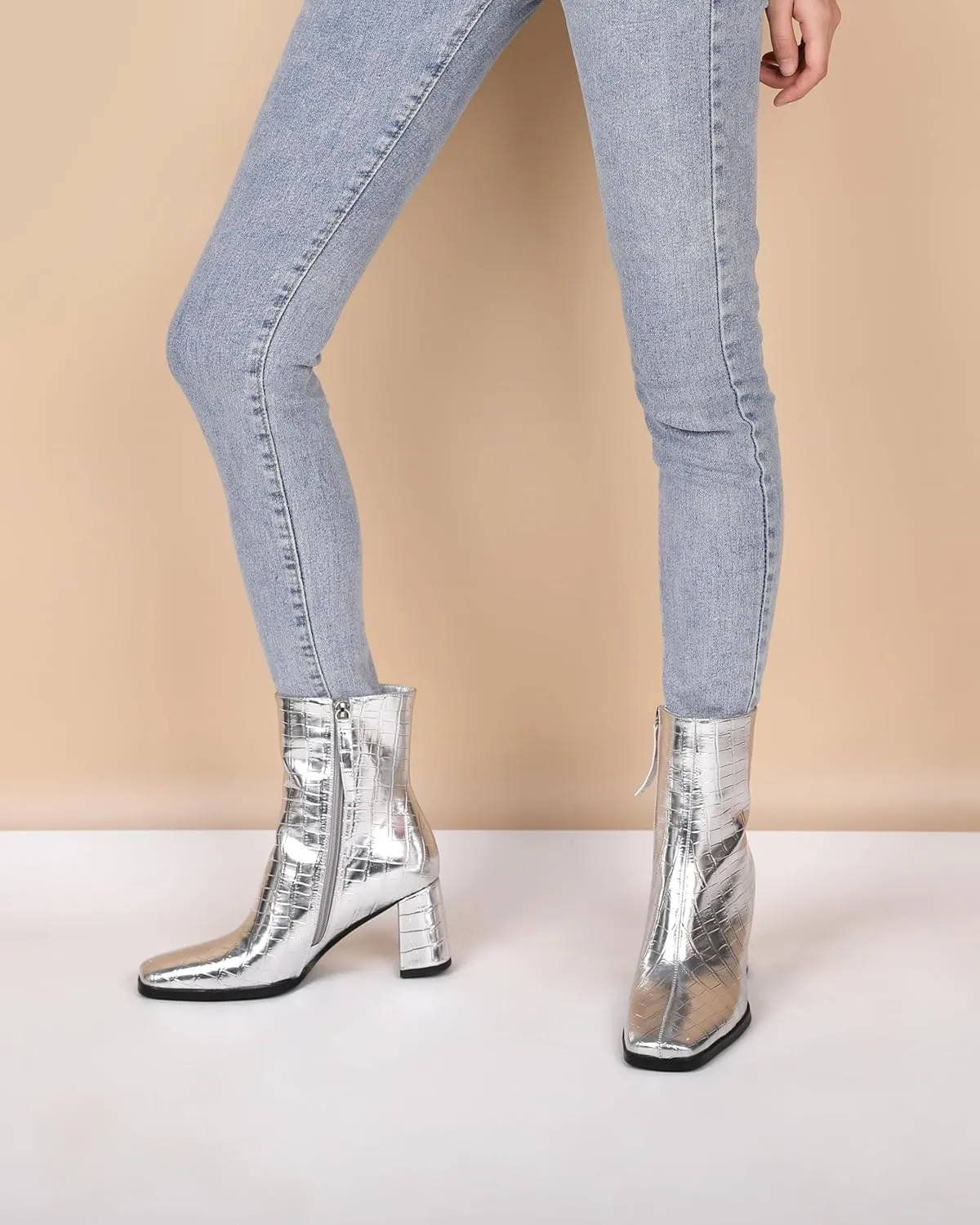Eldof Ankle Boots Women Chunky Heel Square Toe High Heeled Gogo Short Booties Side Zipper 3 Inches