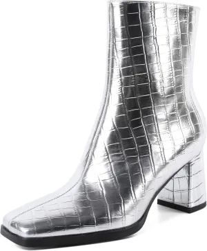 Eldof Ankle Boots Women Chunky Heel Square Toe High Heeled Gogo Short Booties Side Zipper 3 Inches