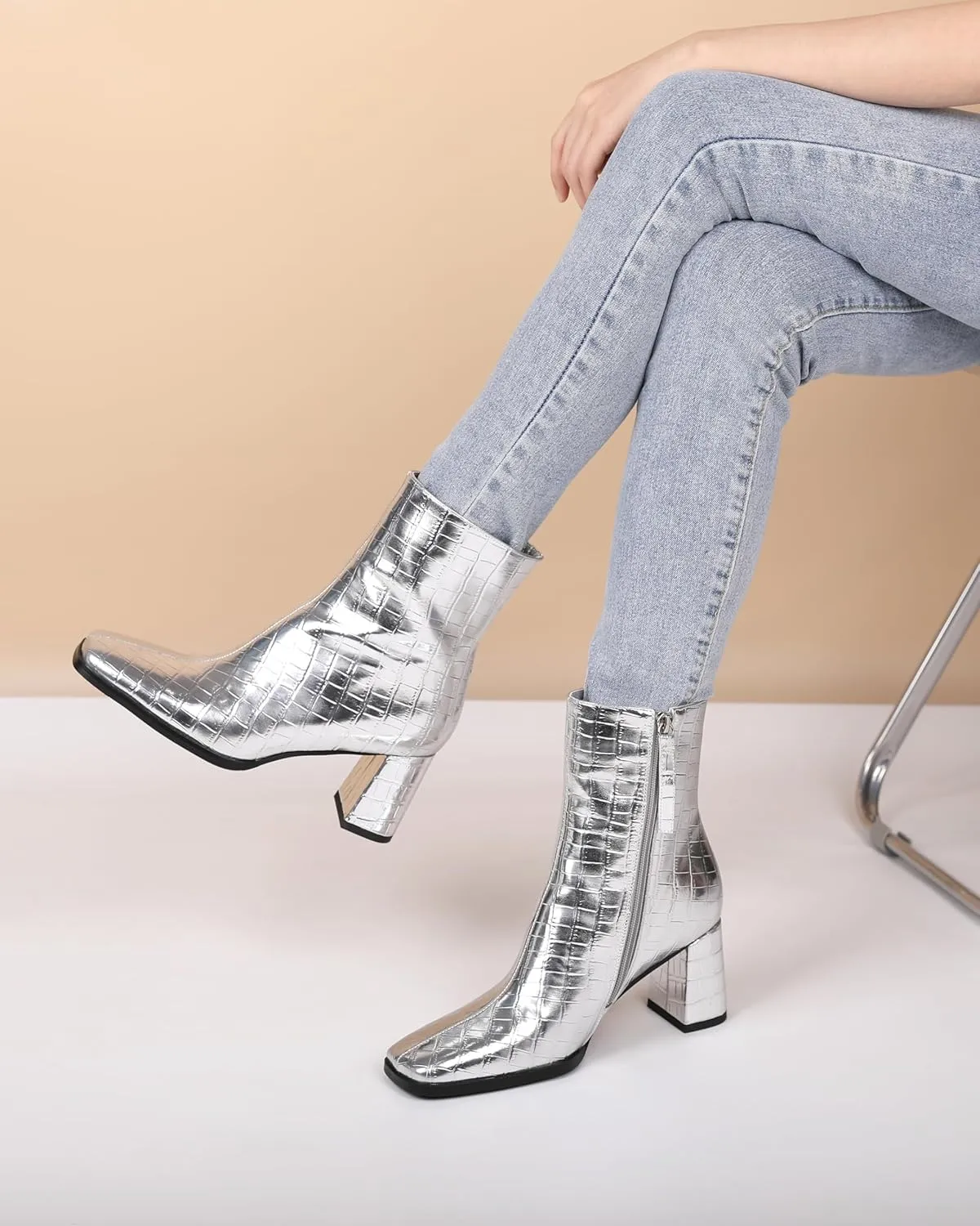 Eldof Ankle Boots Women Chunky Heel Square Toe High Heeled Gogo Short Booties Side Zipper 3 Inches