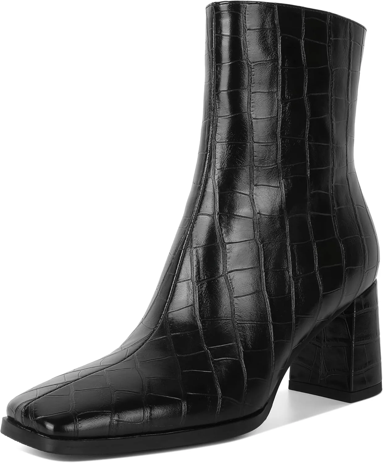 Eldof Ankle Boots Women Chunky Heel Square Toe High Heeled Gogo Short Booties Side Zipper 3 Inches