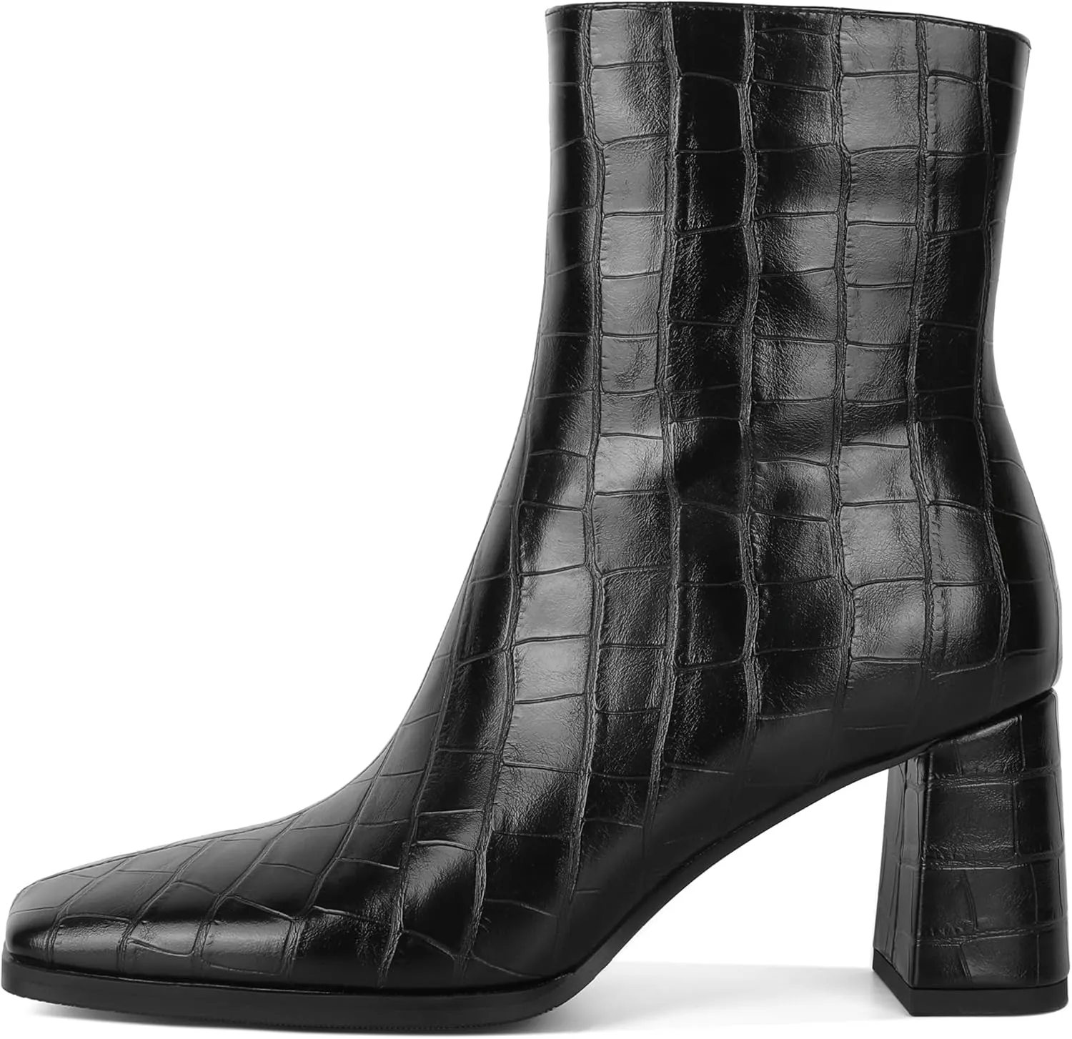 Eldof Ankle Boots Women Chunky Heel Square Toe High Heeled Gogo Short Booties Side Zipper 3 Inches