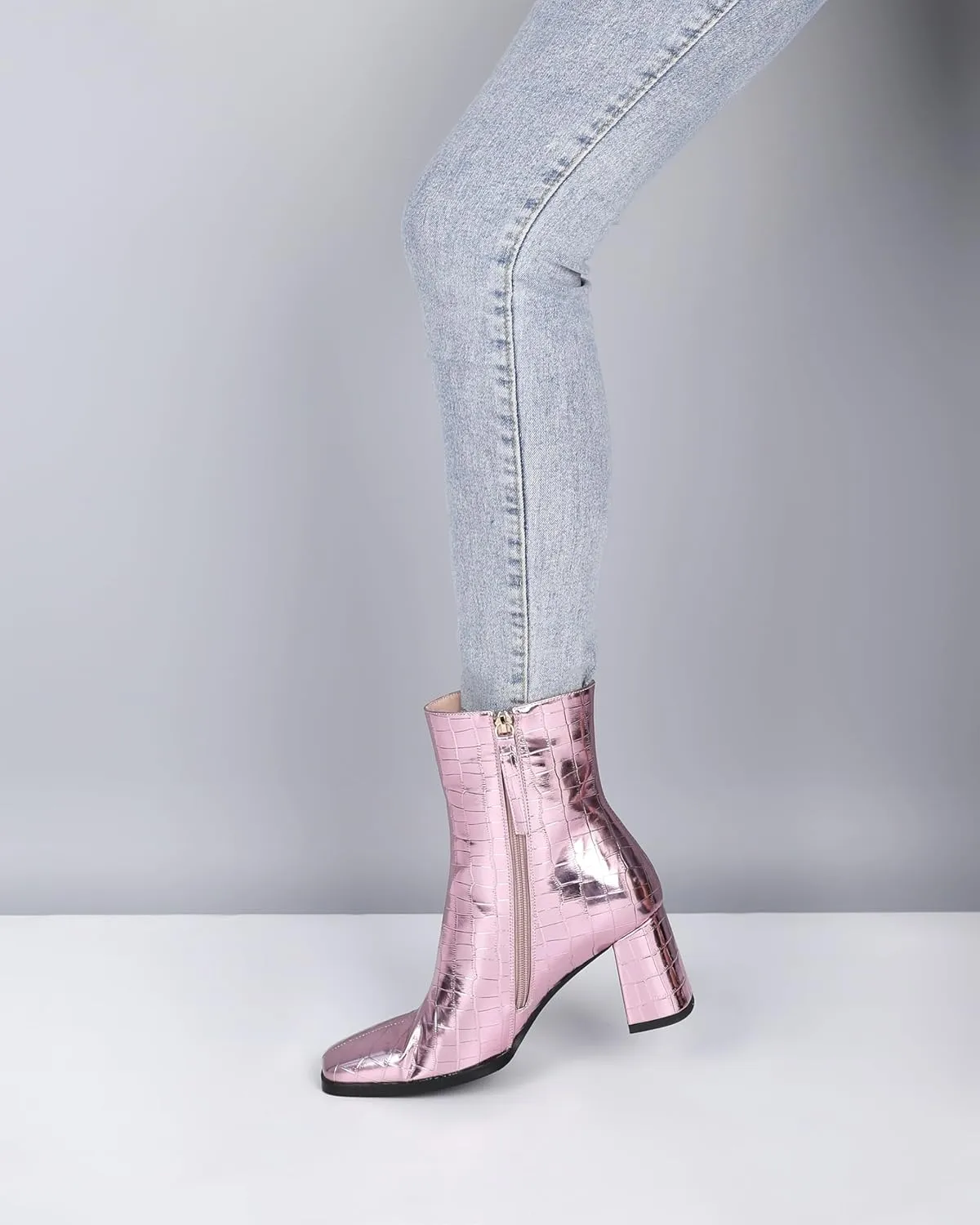 Eldof Ankle Boots Women Chunky Heel Square Toe High Heeled Gogo Short Booties Side Zipper 3 Inches