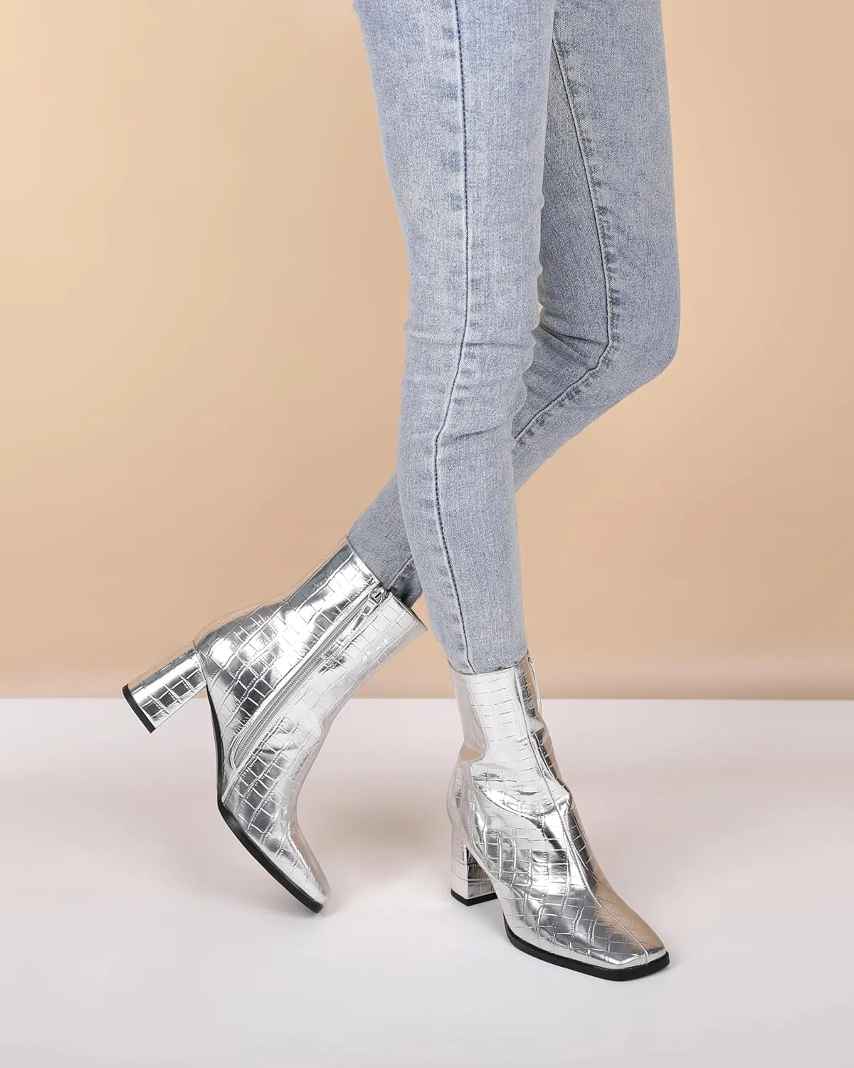 Eldof Ankle Boots Women Chunky Heel Square Toe High Heeled Gogo Short Booties Side Zipper 3 Inches