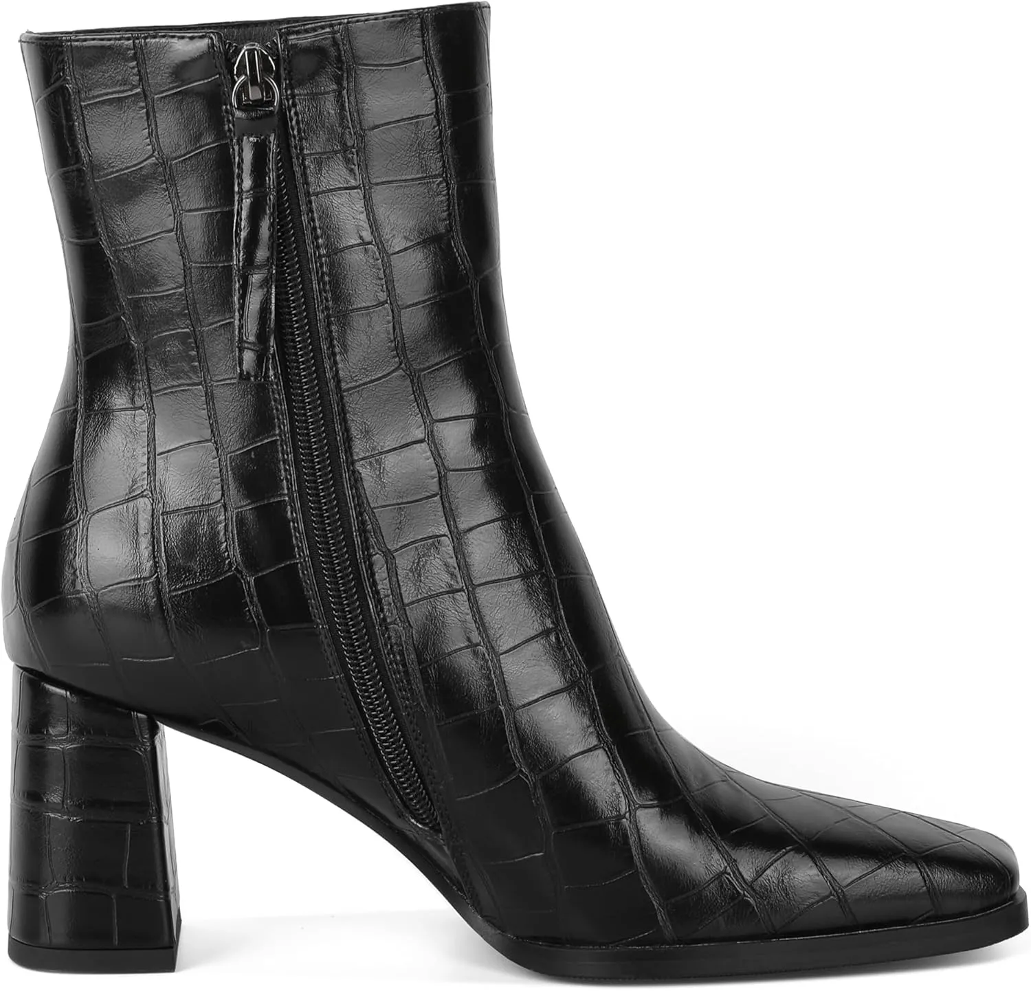 Eldof Ankle Boots Women Chunky Heel Square Toe High Heeled Gogo Short Booties Side Zipper 3 Inches