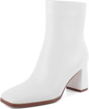Eldof Ankle Boots Women Chunky Heel Square Toe High Heeled Gogo Short Booties Side Zipper 3 Inches