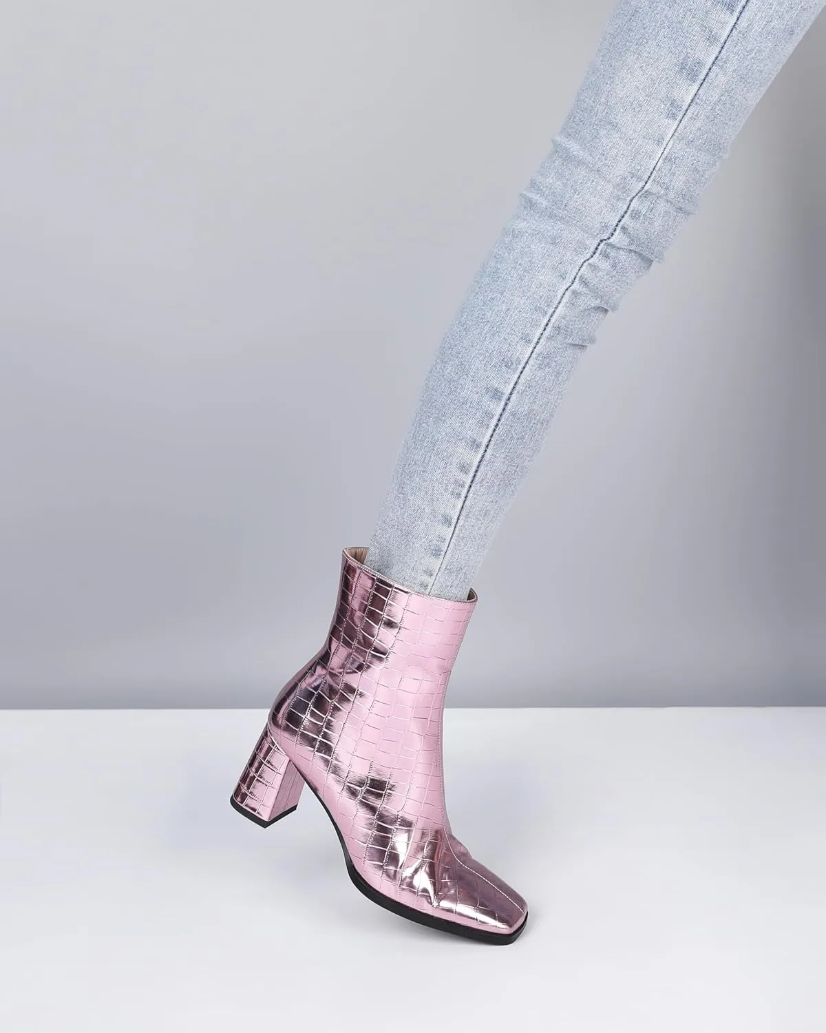 Eldof Ankle Boots Women Chunky Heel Square Toe High Heeled Gogo Short Booties Side Zipper 3 Inches