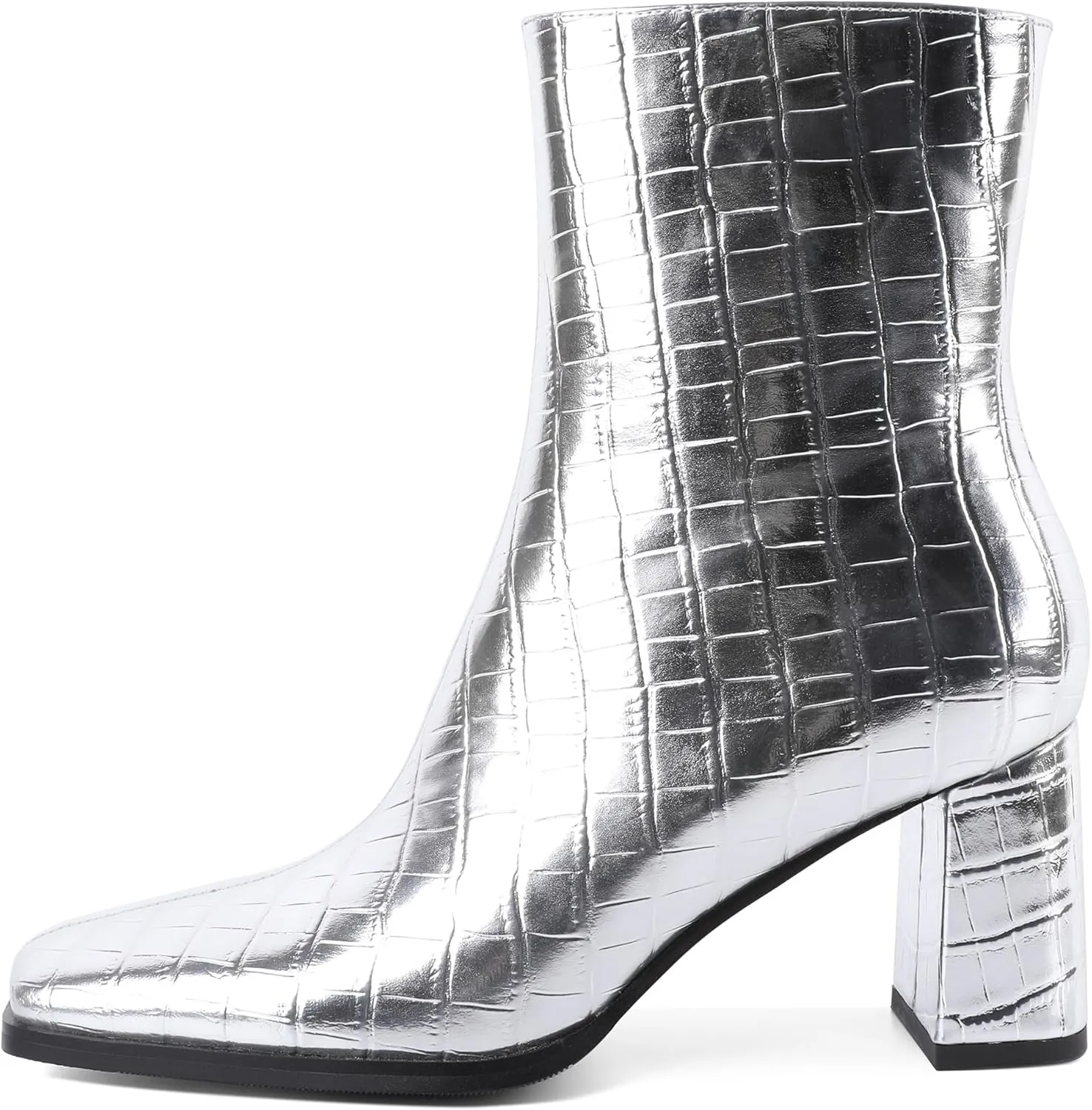 Eldof Ankle Boots Women Chunky Heel Square Toe High Heeled Gogo Short Booties Side Zipper 3 Inches