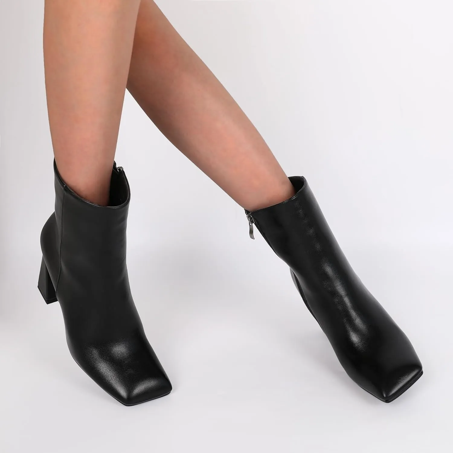 Eldof Square Toe Ankle Boots for Women Block Heel Chunky Gogo Boots High Heeled Short Booties Side Zipper 3 Inches