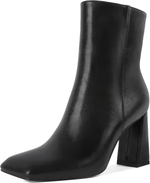 Eldof Square Toe Ankle Boots for Women Block Heel Chunky Gogo Boots High Heeled Short Booties Side Zipper 3 Inches