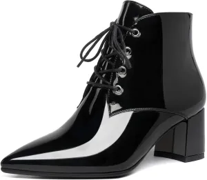 Eldof Women's Booties Low Chunky Heel Ankle Boots Pointed Toe Lace Up Comfortable Walking Boots
