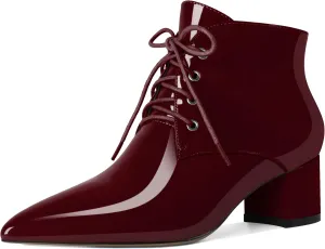 Eldof Women's Booties Low Chunky Heel Ankle Boots Pointed Toe Lace Up Comfortable Walking Boots