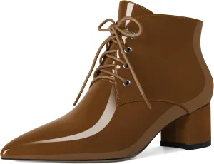 Eldof Women's Booties Low Chunky Heel Ankle Boots Pointed Toe Lace Up Comfortable Walking Boots