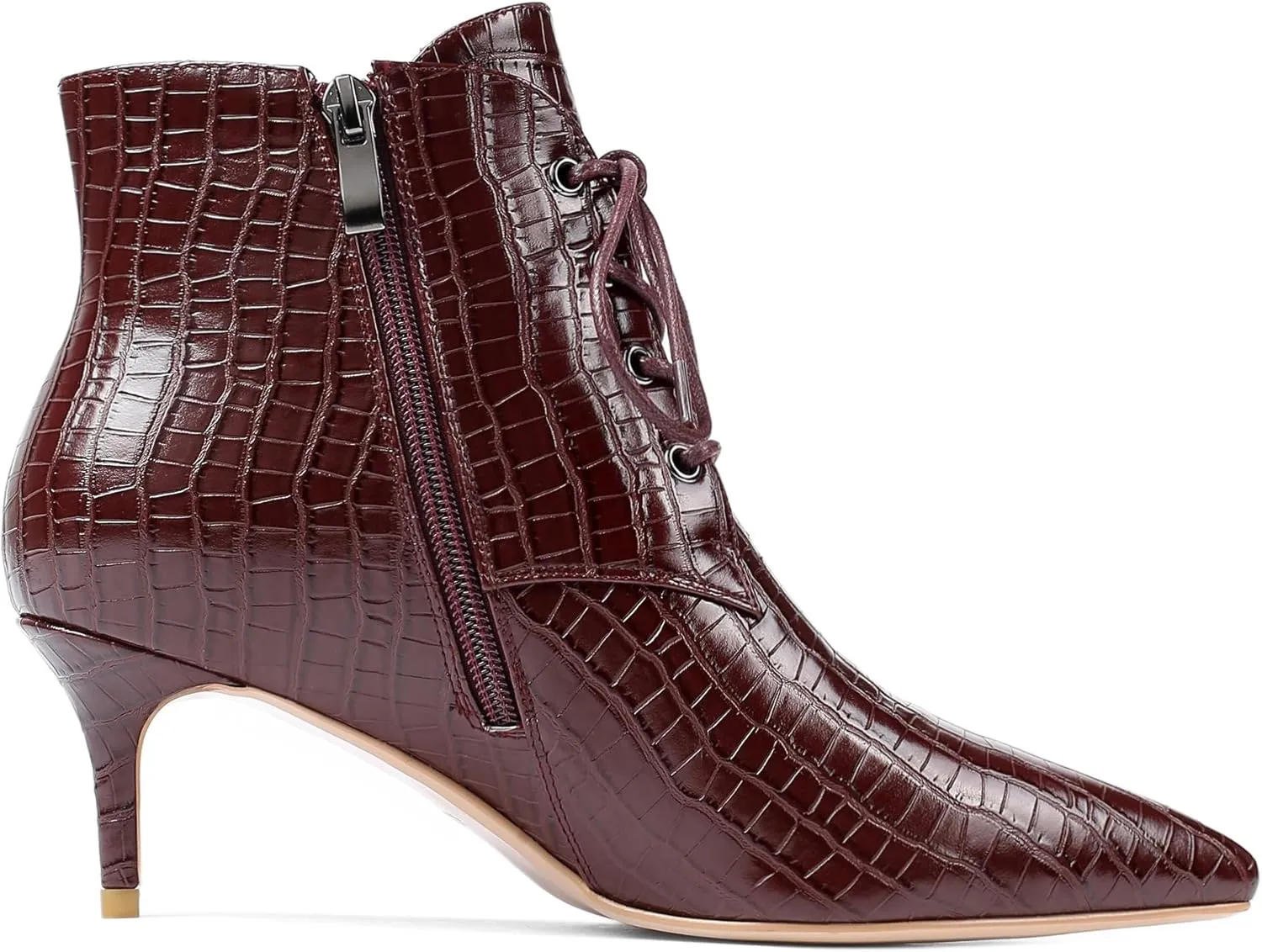 Eldof Women's Kitten Low Heel Ankle Boots Pointed Toe Lace Up Comfortable Walking Short Boots 2.5 Inches