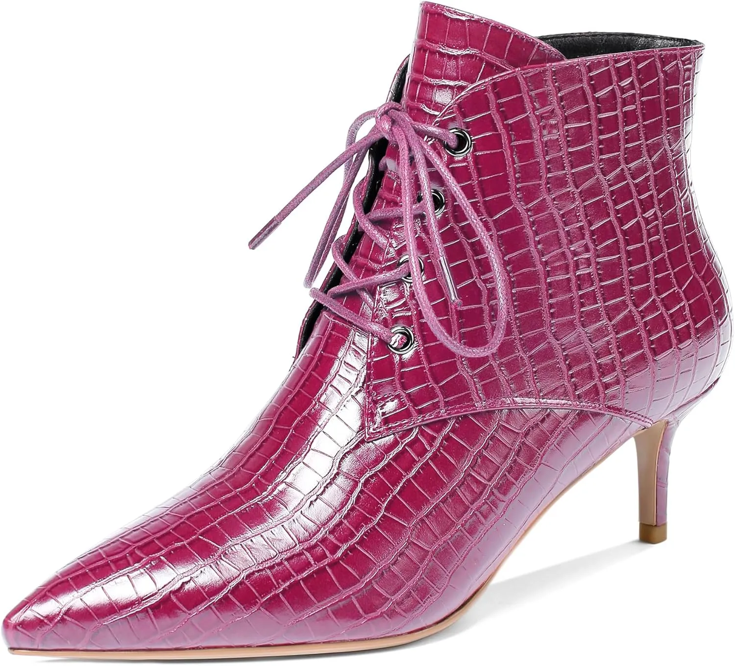 Eldof Women's Kitten Low Heel Ankle Boots Pointed Toe Lace Up Comfortable Walking Short Boots 2.5 Inches